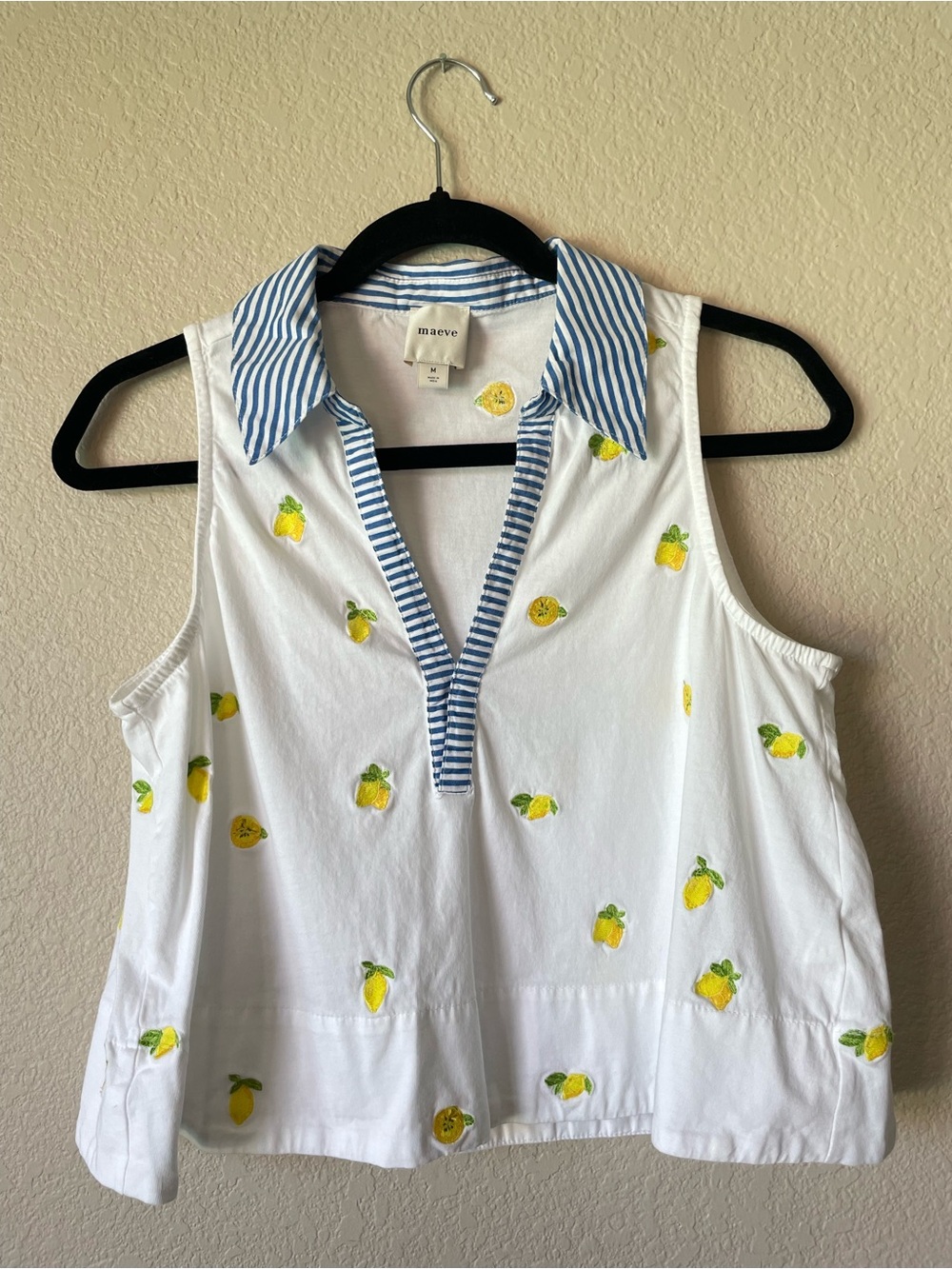 Anthropologie Lemons Sleeveless Cotton Top with Nautical Stripe Trim Medium